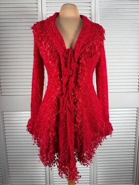 Red Asymmetrical Fringe Cardigan Tie Front Textured Artsy Boho